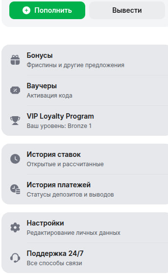 Меню аккаунта 1win с пунктами «Вывести» и «История платежей»