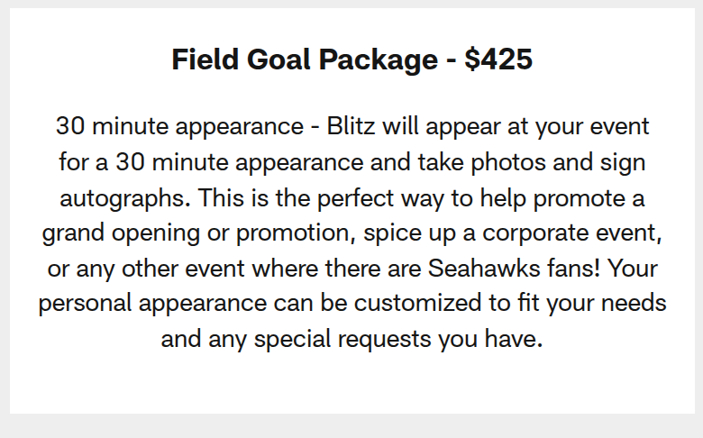Field Goal package showing $425 for 30 minutes.