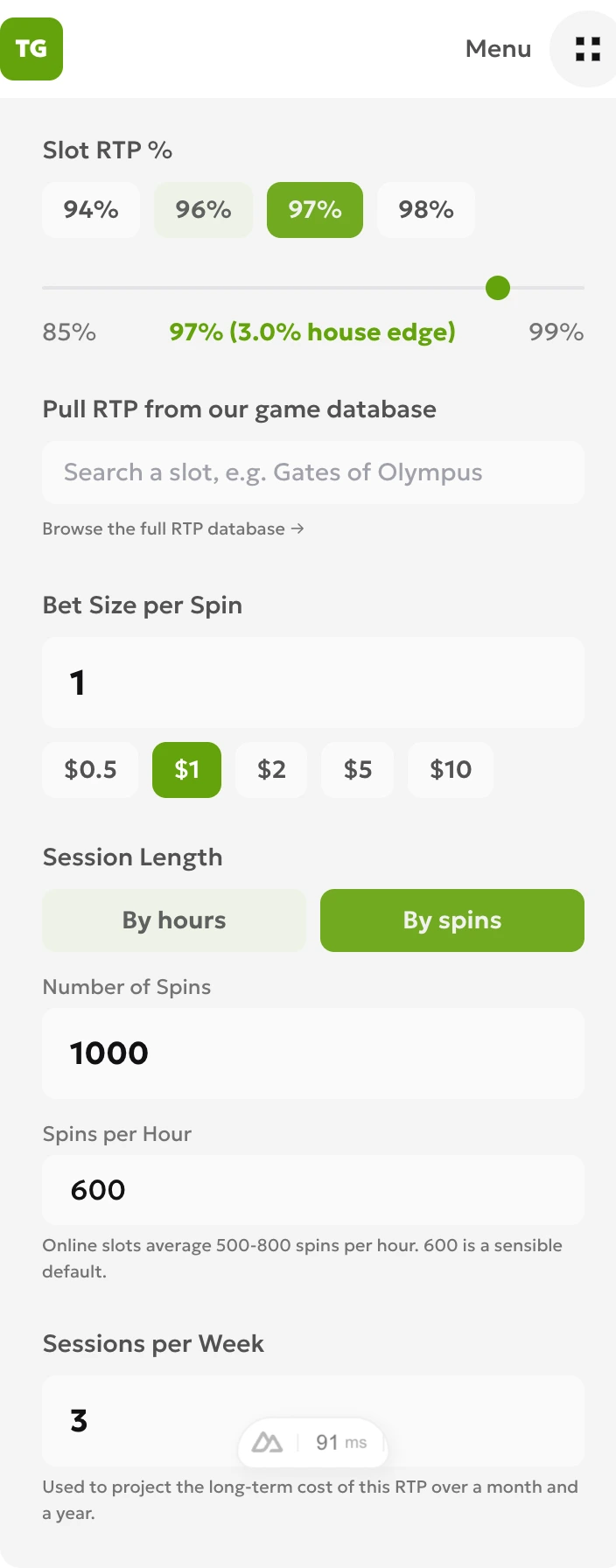 RTP calculator input set to 97 percent, USD 1 per bet and 1000 spins