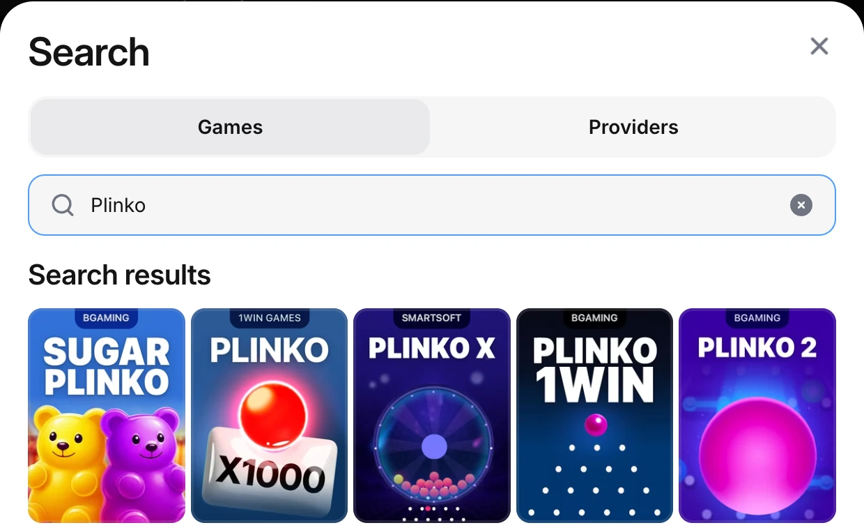 1win casino search results showing BGAMING PLINKO 1WIN and other Plinko titles