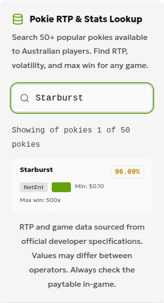 Locally checked RTP lookup showing Starburst at 96.09% RTP and a maximum win of 500× the bet