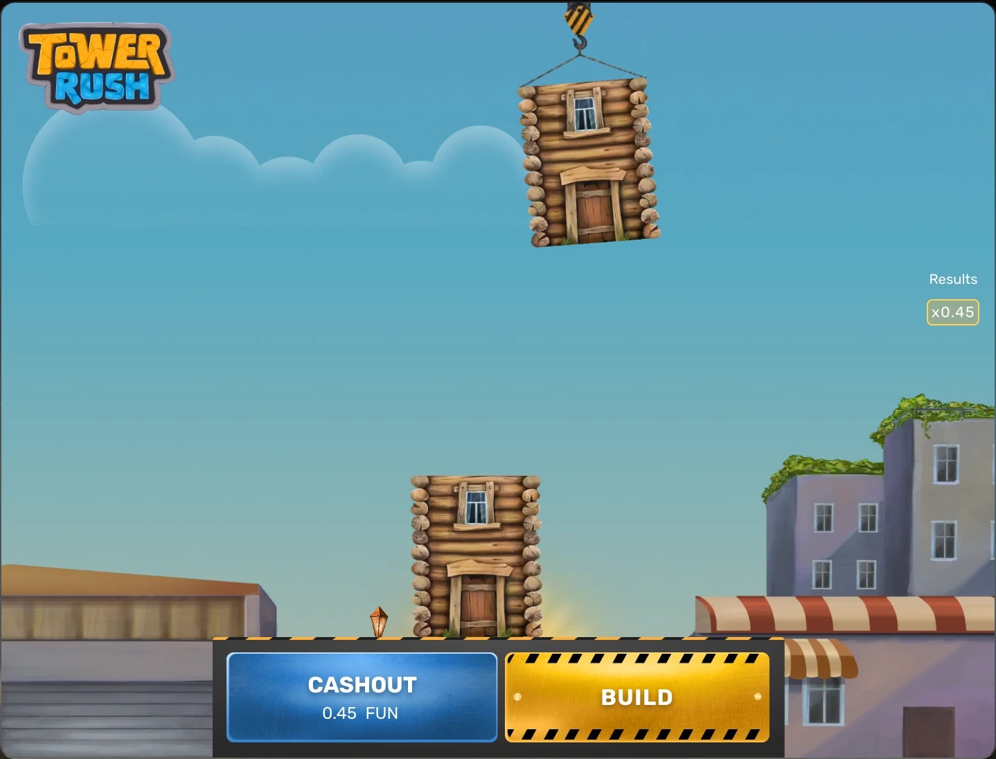 Tower Rush English demo during a 1 FUN round with a cashout amount of 0.45 FUN