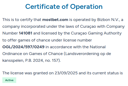 Сертификат CGA для mostbet.com с компанией Bizbon N.V., номером лицензии и статусом Active