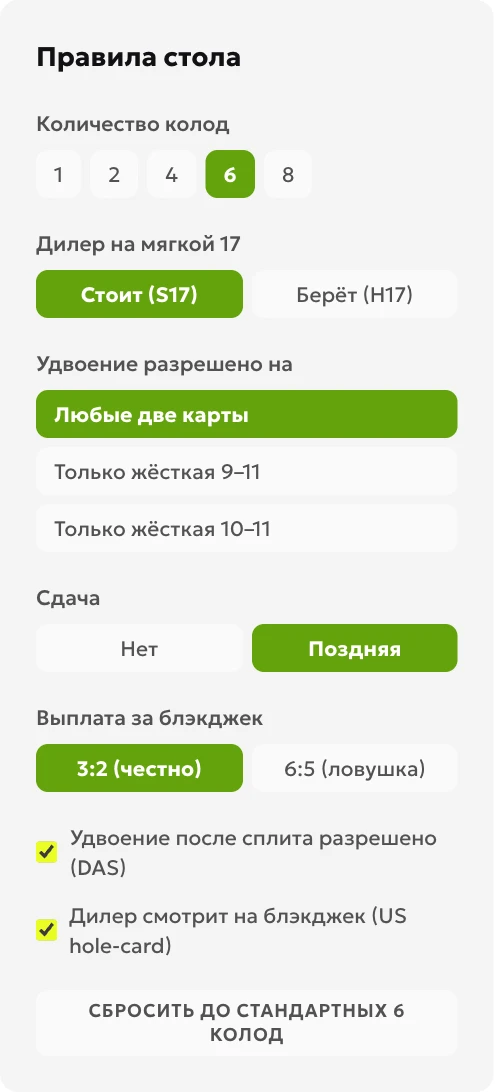 Настройки инструмента стратегии: шесть колод, S17, поздняя сдача, DAS и peek
