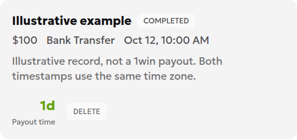 English Withdrawal Tracker showing a fictional 100 US dollar bank transfer with a one-day interval