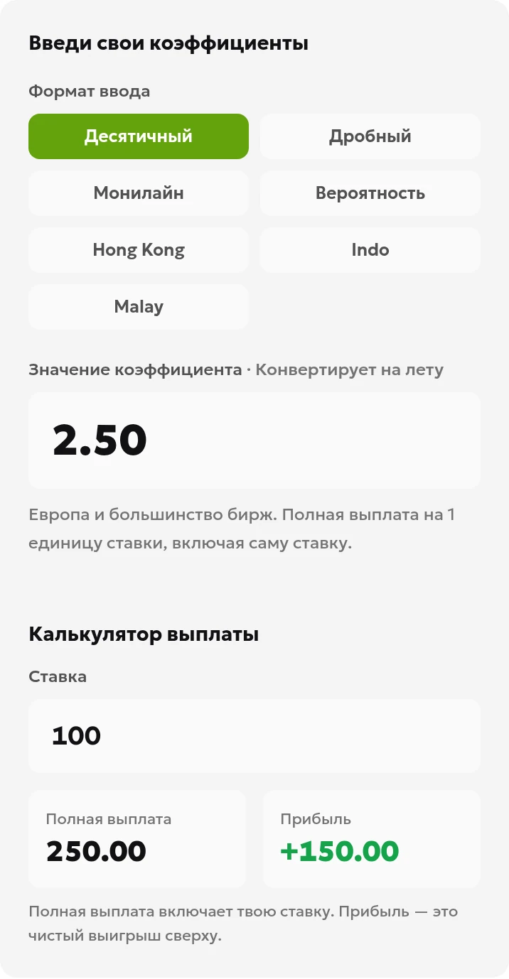 Русский интерфейс конвертера: десятичный коэффициент 2.50, ставка 100, полная выплата при выигрыше 250 и прибыль 150