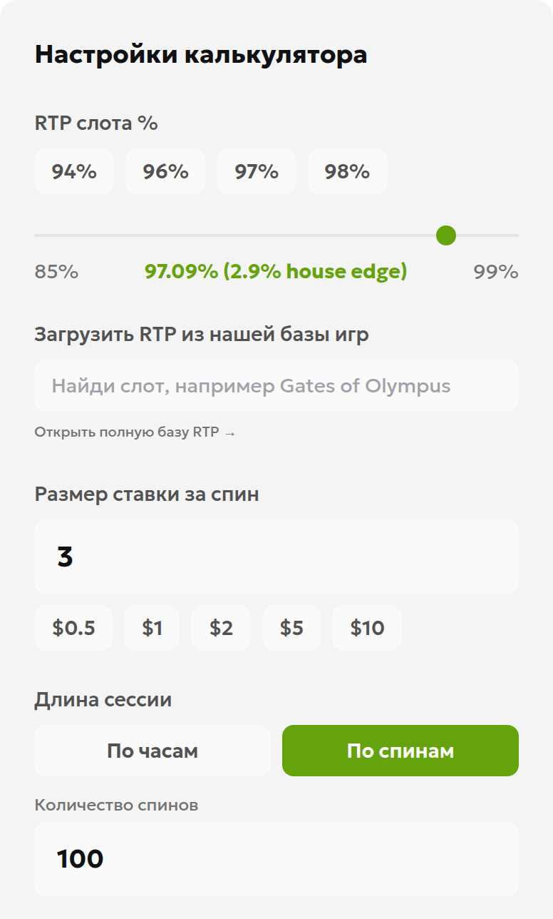 Русский интерфейс калькулятора RTP: параметры условного расчёта 97.09%, 3 и 100 вращений