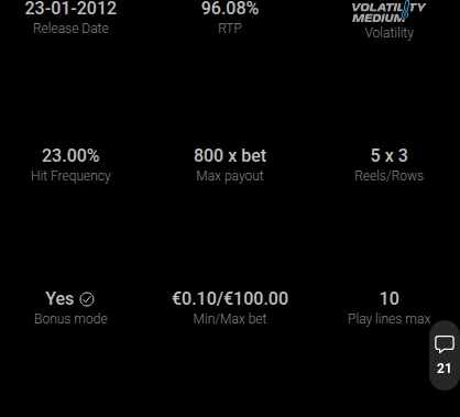 Original English NetEnt screenshot showing Starburst statistics: 96.08% RTP, 23% hit frequency and an 800× bet maximum win