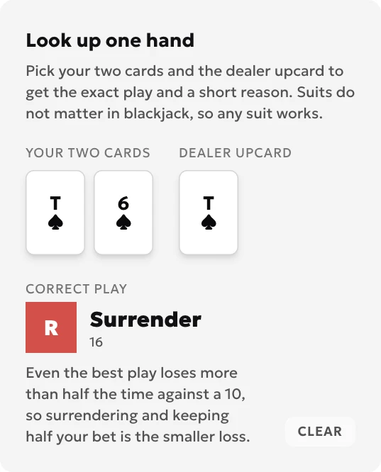 Blackjack card lookup showing T+6 against dealer T with an R surrender recommendation