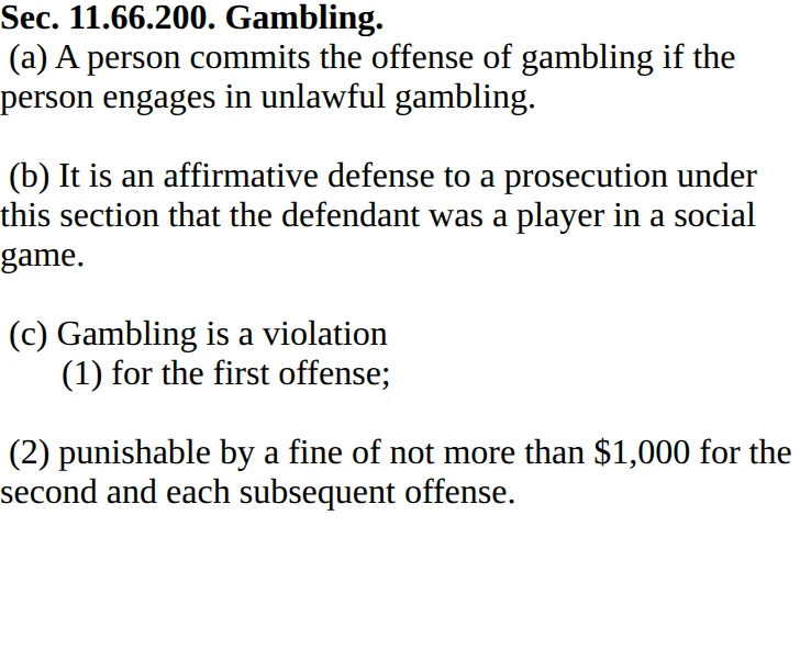Official Alaska statute text showing AS 11.66.200 on gambling participation