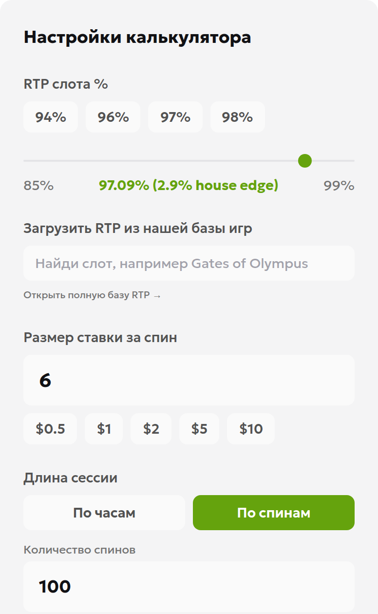 Русская карточка ввода калькулятора RTP: 97.09%, общая ставка за раунд 6 и 100 вращений