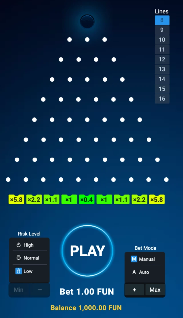 BGaming Plinko 1win demo set to Manual, 8 Lines, Low risk and 1 FUN
